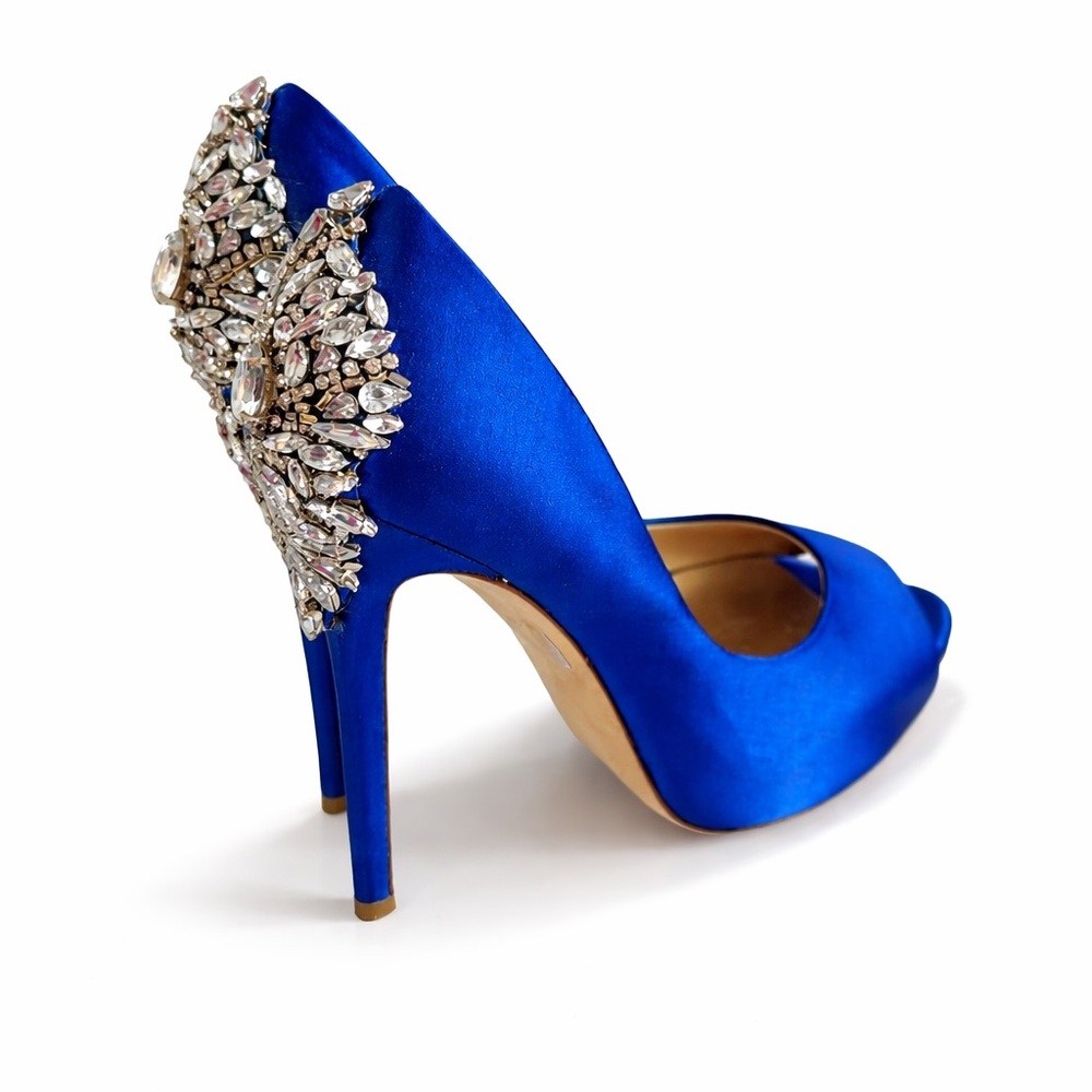 Badgley Mischka “Kiara”Cobalt Blue Satin Peep-Toe Stilettos with Crystal Heel